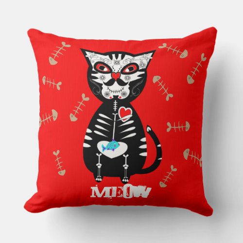 Cute Day of The Dead Sugar Skull Cat Meow Throw Pillow