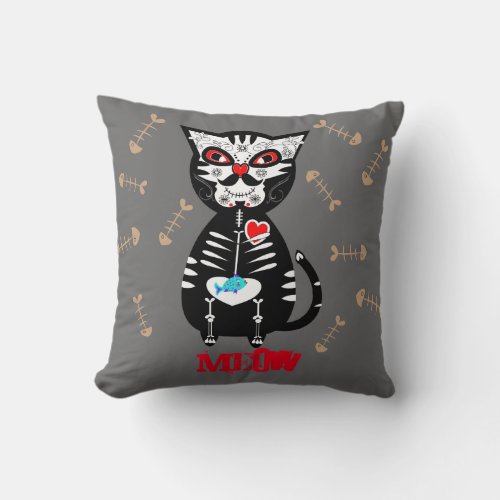 Cute Day of The Dead Sugar Skull Cat Meow Throw Pillow
