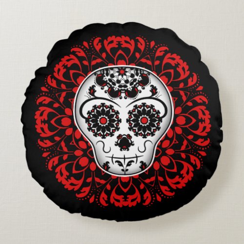 Cute Day of the dead sugar skull Halloween Round Pillow