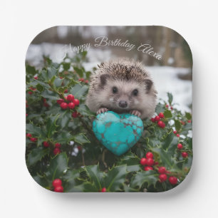 Cute December Hedgehog with Turquoise Heart Paper Plates