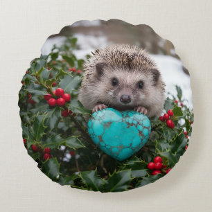 Cute December Hedgehog with Turquoise Heart Round Pillow