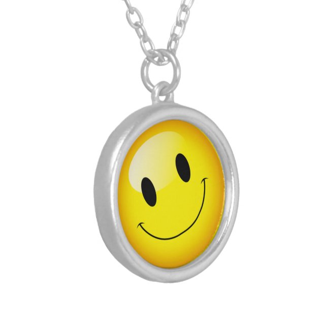 Cute Decora Kei Smiling Yellow Emoji Face Silver Plated Necklace (Front Left)