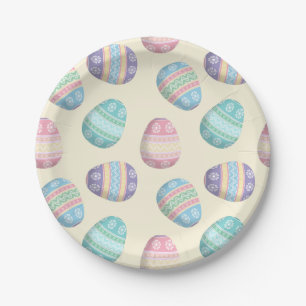 Cute Decorated Easter Eggs on Yellow Paper Plates