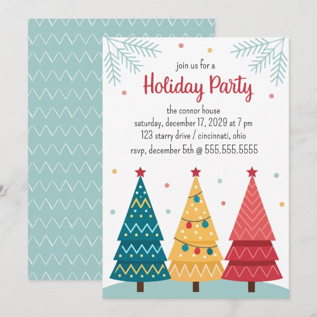 Cute Decorative Christmas Trees Holiday Party Invitation (Front/Back)