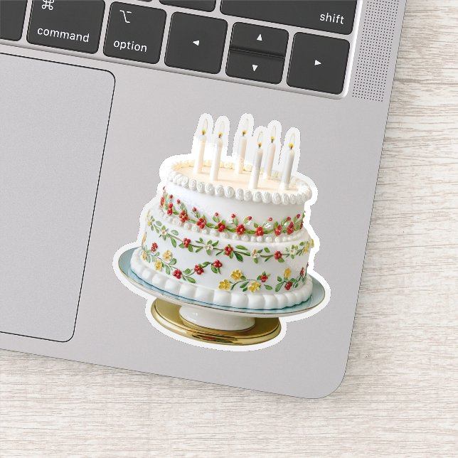 Cute Decorative Icing Birthday Cake With Candles Sticker (Detail)