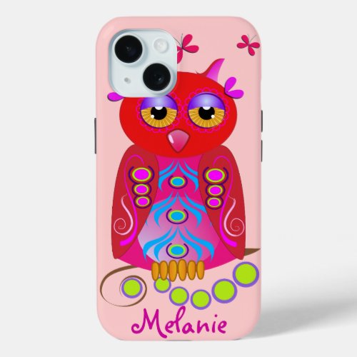 Cute Decorative Owl  Custom Name iPhone 15 Case