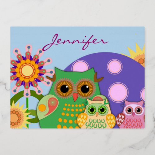 Cute decorative Owls  custom name Foil Holiday Postcard