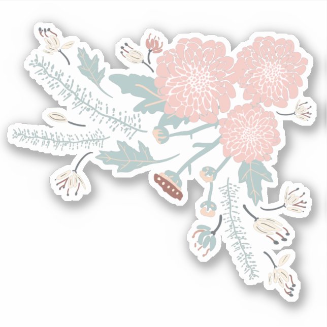 Cute Decorative Pink Cream Blue Botanical Floral Sticker (Front)