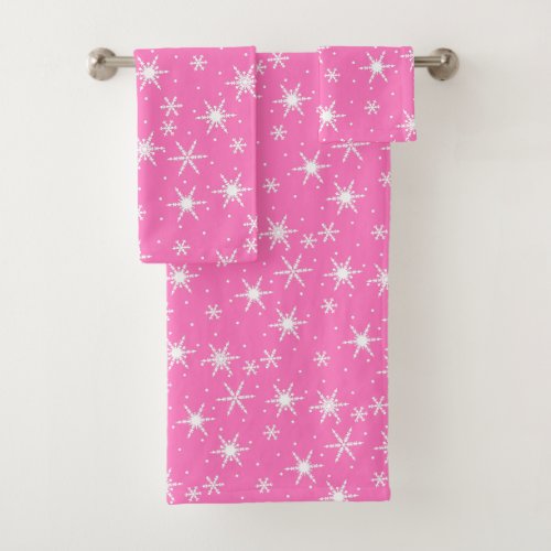 Cute Decorative White Snowflake Hot Pink Christmas Bath Towel Set