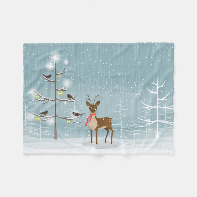 Cute Deer And Birds In The Snowy Woods Fleece Blanket (Front (Horizontal))