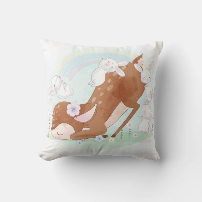 Cute Deer and Bunnies Throw Pillow (Front)