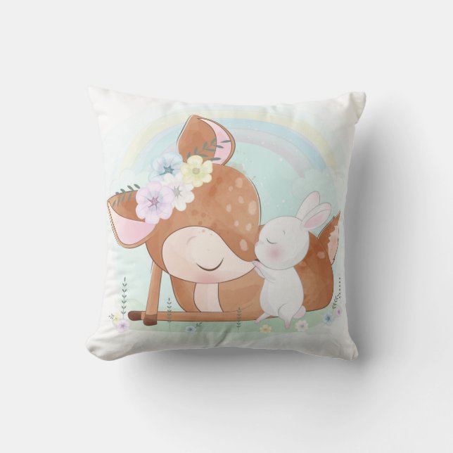 Cute Deer and Bunny Throw Pillow (Front)