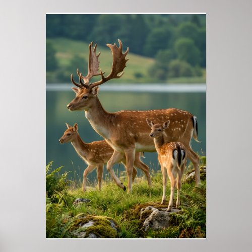 Cute Deer And Fawns By Lake In Forest Nature Fleec Poster