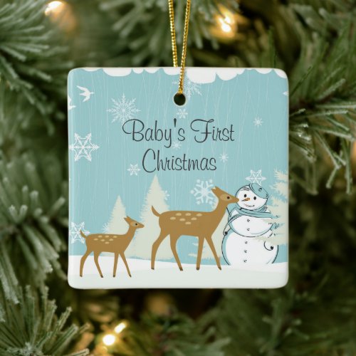 Cute Deer and Snowman Winter Babys 1st Christmas Ceramic Ornament