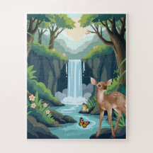 Cute Deer and Waterfall Forest Kids Jigsaw Puzzle