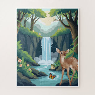 Cute Deer and Waterfall Forest Kids Jigsaw Puzzle