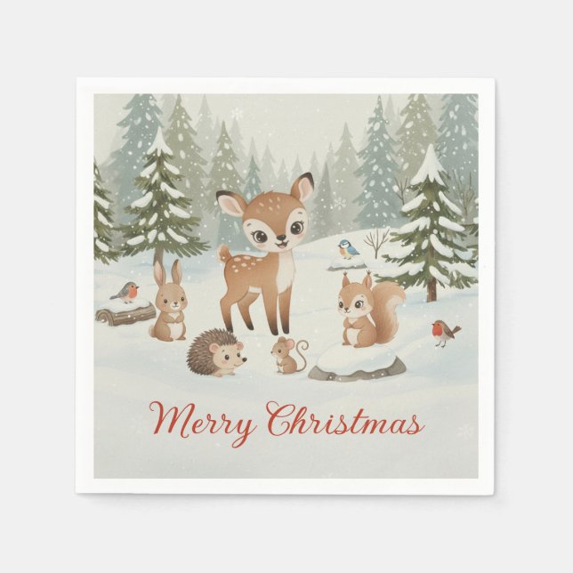 Cute Deer and Woodland Animals Merry Christmas Napkins (Front)