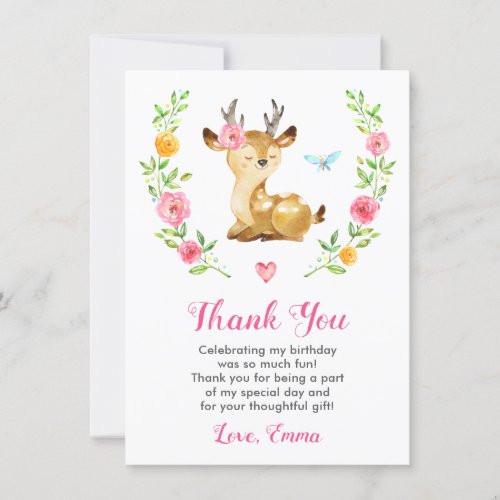 Cute Deer Baby Girl Birthday Party Doe Colorful Thank You Card