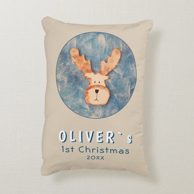 Cute Deer Baby`s First Christmas Blue Baby Accent Pillow (Back(Vertical))