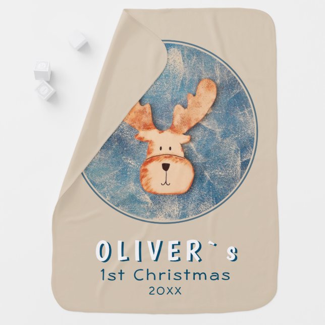 Cute Deer Baby`s First Christmas Blue Baby Blanket (In Situ)