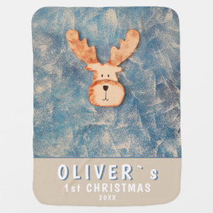 Cute Deer Baby`s First Christmas Blue  Baby Blanket