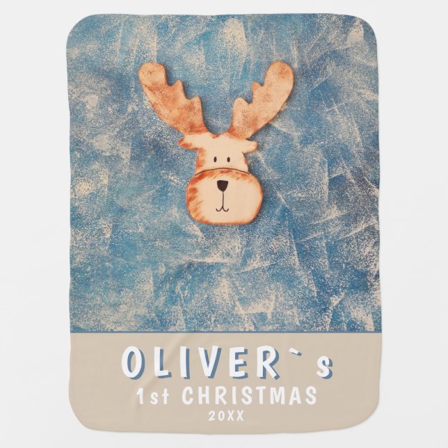 Cute Deer Baby`s First Christmas Blue  Baby Blanket (Front)