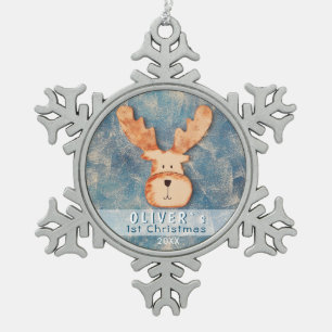 Cute Deer Baby`s First Christmas Snowflake Pewter Christmas Ornament
