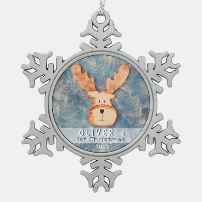Cute Deer Baby`s First Christmas Snowflake Pewter Christmas Ornament (Front)