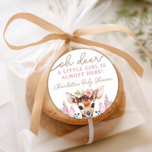 Cute Deer Baby Shower Pink Floral Favor Classic Round Sticker