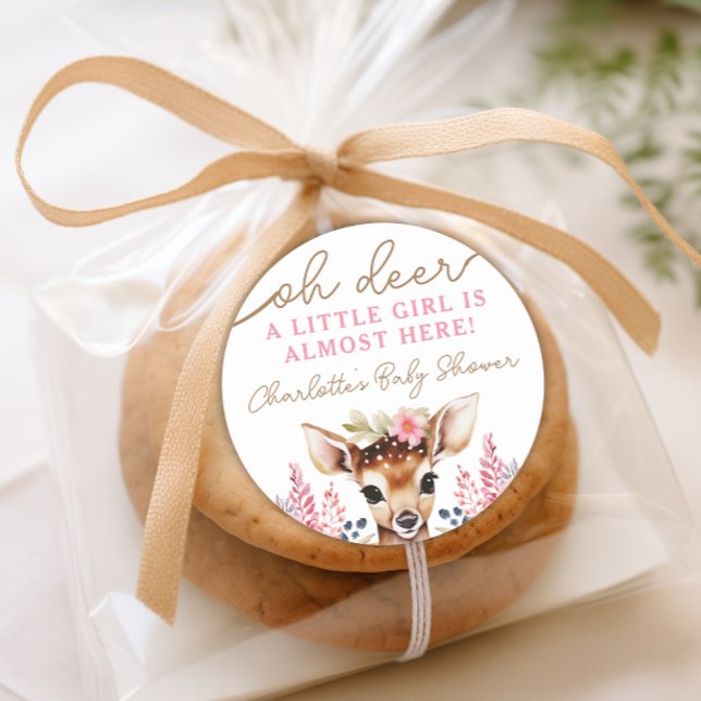 Cute Deer Baby Shower Pink Floral Favor Classic Round Sticker (Cute Deer Baby Shower Pink Floral Favor Classic Round Sticker)