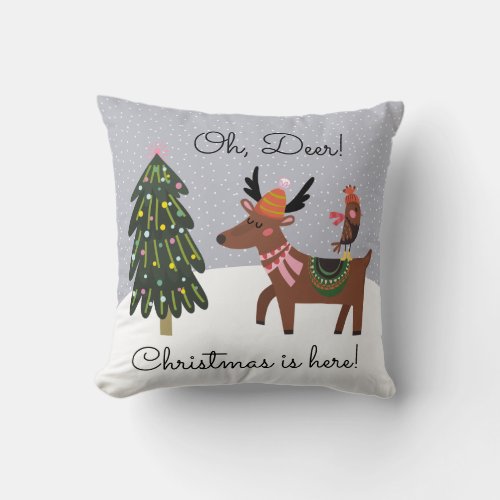 Cute Deer  Bird Oh Deer Christmas Holiday Throw Pillow