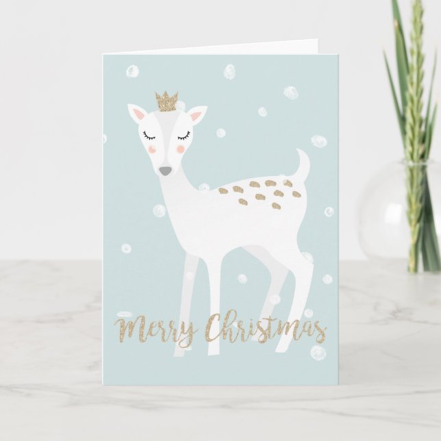 Cute Deer - Blue Christmas Holiday Card (Front)