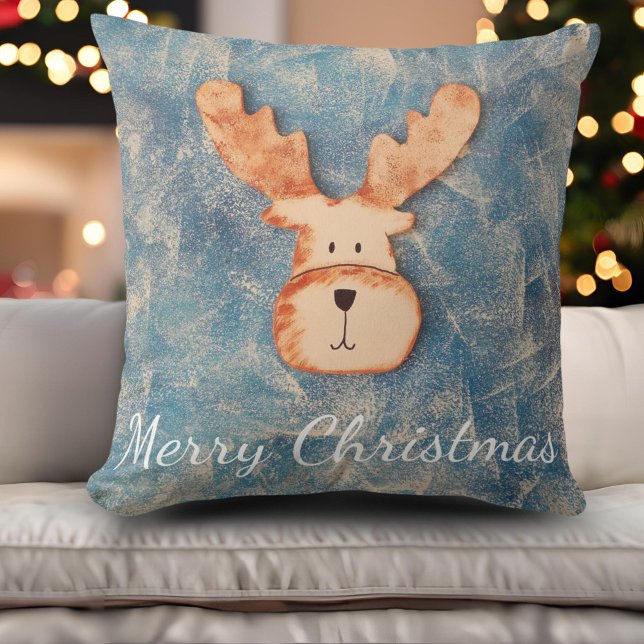 Cute Deer Blue Christmas Holiday Throw Pillow (Creator Uploaded)