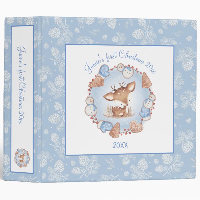 Cute Deer Blue Pine Cone Christmas Photo Album 3 Ring Binder (Front/Spine)
