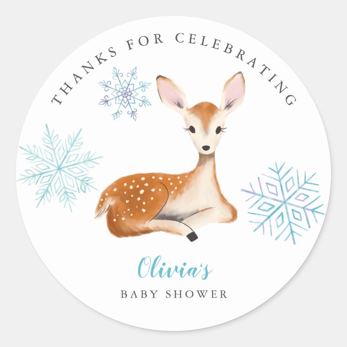 Cute Deer Blue Snowflakes Baby Shower Classic Round Sticker