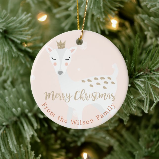Cute Deer | Blush Pink | Personalized Christmas Ceramic Ornament (Tree)