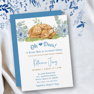 Cute Deer Boy Watercolor Floral Baby Shower    Invitation