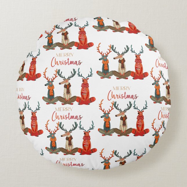 Cute Deer. Christmas Deer in Scarves. Festive Mood Round Pillow (Front)