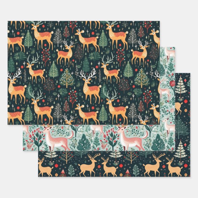 Cute Deer Christmas Holiday Winter Coordinating  Wrapping Paper Sheets (Set)