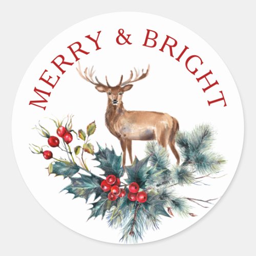 Cute deer  Christmas holly wreath Classic Round Sticker