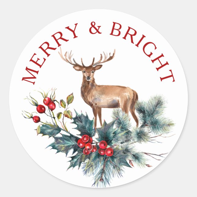 Cute deer & Christmas holly wreath Classic Round Sticker (Front)