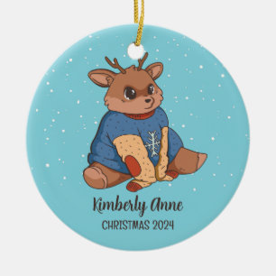 Cute Deer Christmas Reindeer Snowy Winter Holiday Ceramic Ornament