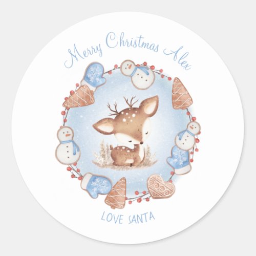 Cute Deer Christmas Stickers Blue Name