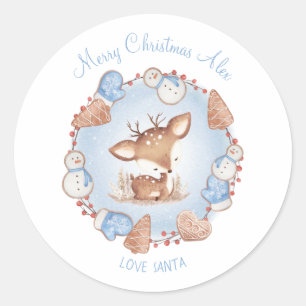 Cute Deer Christmas Stickers Blue Name
