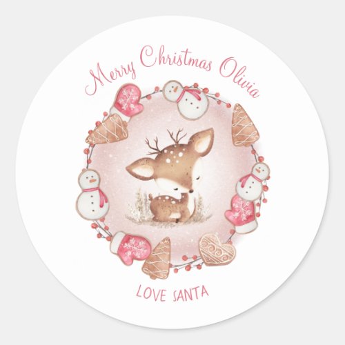 Cute Deer Christmas Stickers Pink Name