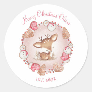 Cute Deer Christmas Stickers Pink Name