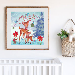 Cute Deer Christmas Woodland Animals Poster