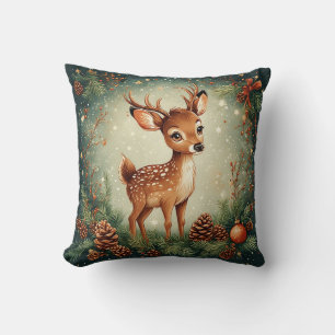 🦌 Cute Deer Christmas Wreath Joy 🎄 Throw Pillow