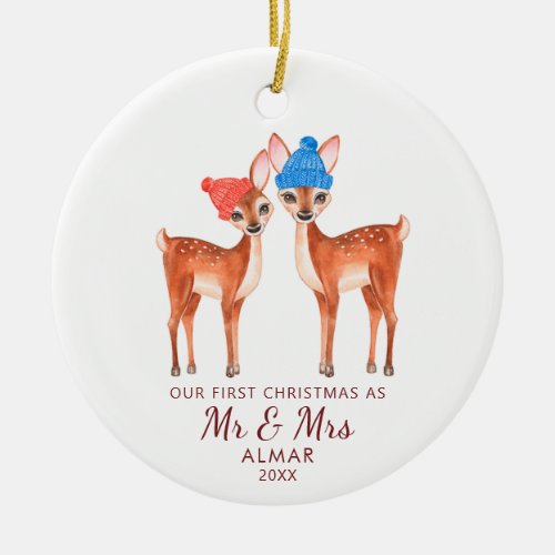 Cute Deer Couple Personalized Mr Mrs Newlyweds Ceramic Ornament
