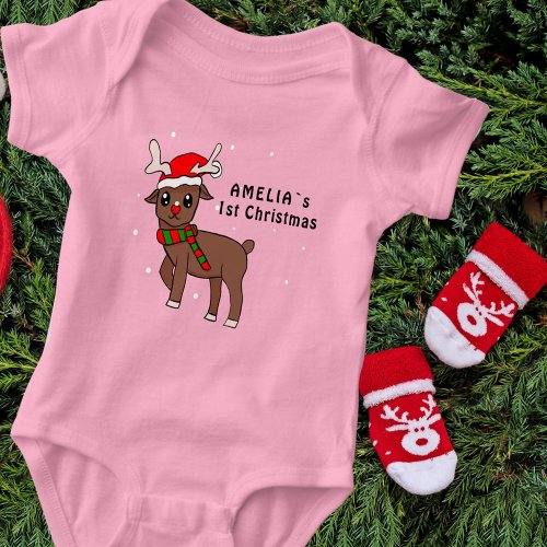 Cute Deer Drawing Babys 1st Christmas Baby Bodysuit